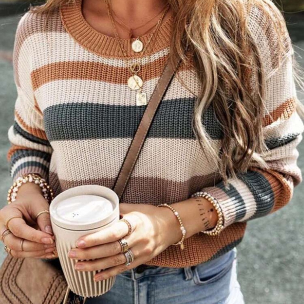 SHEIN Brown and Cream Crew Neck Sweater